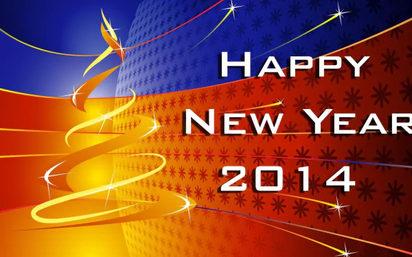 HD PC desktop wallpaper featuring a vibrant New Year 2014 holiday design with colorful swirls and festive patterns.