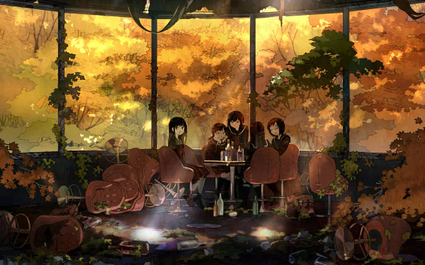 A serene anime scene featuring four characters seated around a table in a sunlit, overgrown room with autumn foliage outside, creating a captivating HD desktop background.