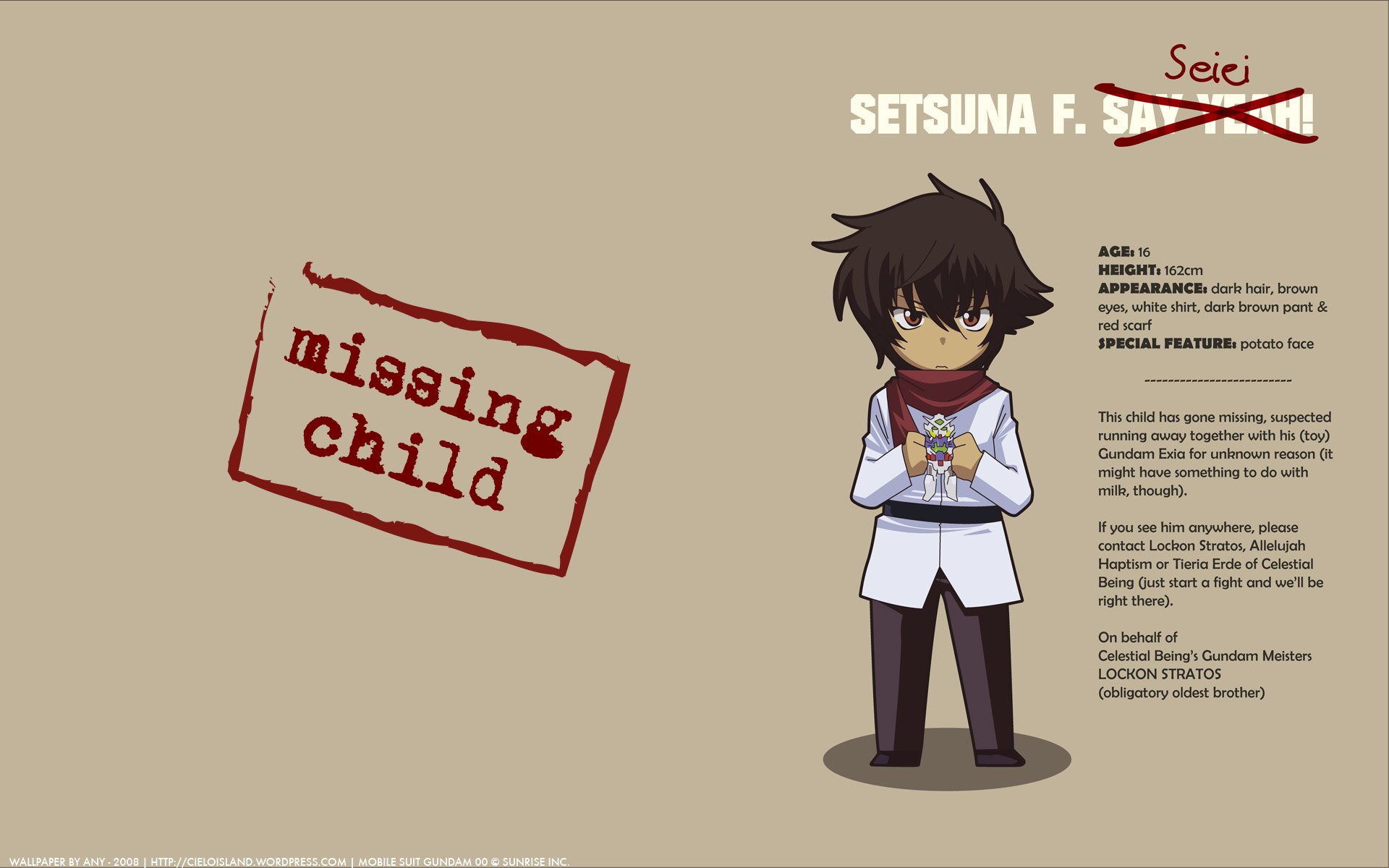 Anime-style HD wallpaper featuring Setsuna F. Seiei from Gundam, depicted as a character with a serious expression, holding an object, against a simple background with a missing child label.