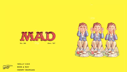 MAD (Magazine) comic HD PC desktop wallpaper: bright yellow background, MAD logo left, three identical grinning cartoon characters in suits sitting on crumpled papers at right.