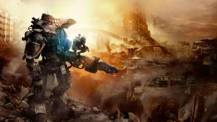 A high-definition desktop wallpaper featuring a scene from the video game Titanfall with a giant mech standing amidst a destroyed city and a setting sun in the background.