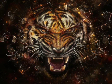 HD desktop wallpaper featuring a fierce tiger roaring, with a dynamic, shattered glass effect in the background.