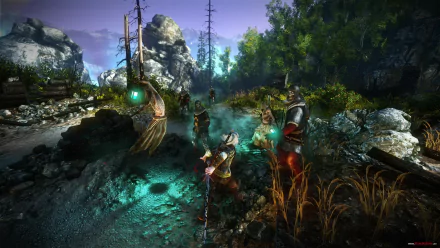 HD PC desktop wallpaper featuring a vivid scene from The Witcher 2: Assassins of Kings, showcasing characters in a mystical forest setting from the video game.