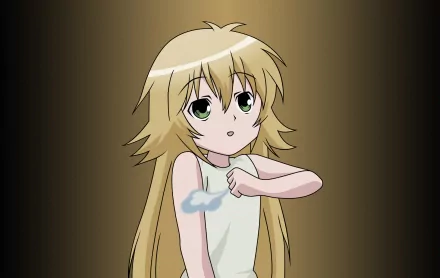 A vibrant HD wallpaper featuring a character from the anime Sekirei, showcasing a young girl with long blonde hair and green eyes, posing playfully against a gradient background.