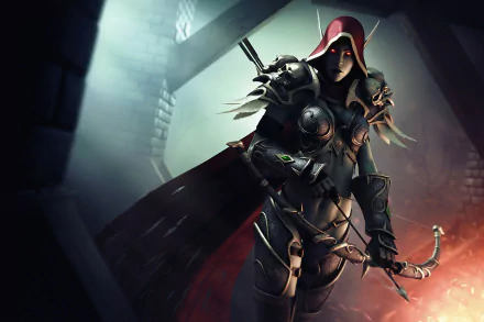 HD wallpaper of Sylvanas Windrunner, a warrior character from World of Warcraft, standing ready for battle in a dimly lit environment.