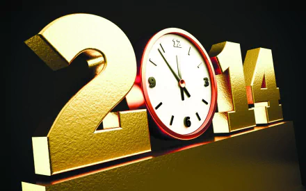 HD PC desktop wallpaper featuring golden 2014 numbers with a clock replacing the zero, symbolizing the New Year holiday celebration.