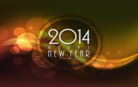 HD wallpaper celebrating New Year 2014, featuring a stylish design with the text Happy New Year and vibrant, colorful abstract patterns.