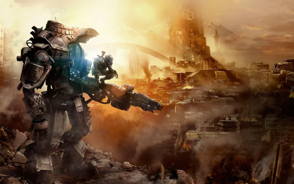 A high-definition desktop wallpaper featuring a scene from the video game Titanfall with a giant mech standing amidst a destroyed city and a setting sun in the background.