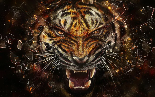 HD desktop wallpaper featuring a fierce tiger roaring, with a dynamic, shattered glass effect in the background.