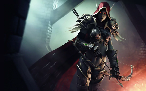 HD wallpaper of Sylvanas Windrunner, a warrior character from World of Warcraft, standing ready for battle in a dimly lit environment.