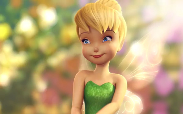 HD desktop wallpaper of Tinker Bell, featuring the animated fairy in her classic green dress, set against a vibrant, blurred background.