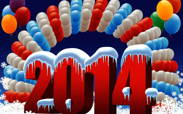 HD desktop wallpaper featuring icy red 2014 numbers framed by red, white, and blue balloons against a dark background, celebrating the New Year holiday.