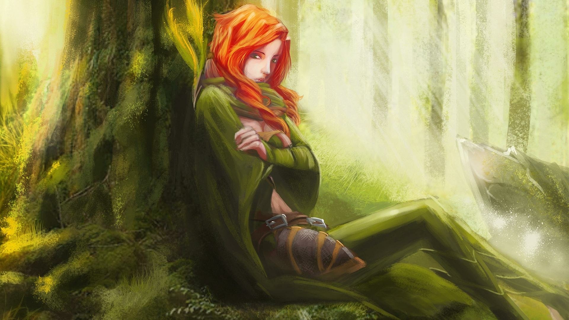 A captivating HD wallpaper featuring a character from DotA 2, resting against a tree in a serene forest setting, showcasing vibrant colors and detailed artistry.