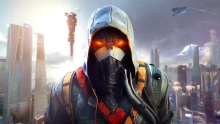 A dynamic HD wallpaper from Killzone: Shadow Fall, featuring a masked character with glowing orange eyes against a futuristic city backdrop and hovering aircraft.