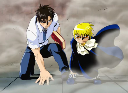 HD desktop wallpaper featuring characters from the anime Zatch Bell!, showcasing a dynamic scene with two protagonists in action against a smoky backdrop.