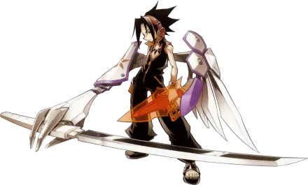 Anime-inspired HD wallpaper featuring a character from Shaman King, wielding a unique sword and striking a dynamic pose, set against a vibrant background.