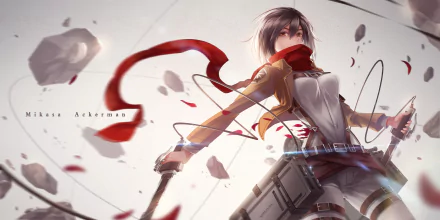 HD desktop wallpaper featuring Mikasa Ackerman from Attack on Titan, with black hair, brown eyes, a scarf, jacket, and sword, in an action pose with scattered debris and dynamic red accents.