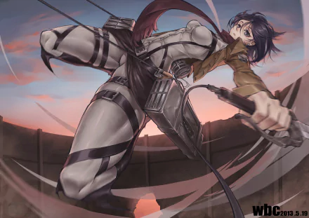 Anime character Mikasa Ackerman from Attack on Titan, with black hair, wearing a scarf and jacket. The HD desktop wallpaper shows her dynamically in combat stance against a sunset sky background.