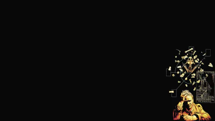 HD PC desktop wallpaper featuring John Constantine from Hellblazer: comic-style figure in the lower-right corner amid occult sigils on a wide black background.