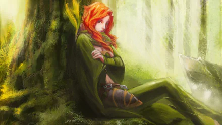 A captivating HD wallpaper featuring a character from DotA 2, resting against a tree in a serene forest setting, showcasing vibrant colors and detailed artistry.
