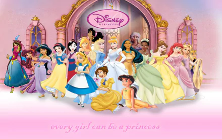 A vibrant Disney wallpaper featuring beloved princesses, celebrating the message that every girl can be a princess, set against a soft pink background.