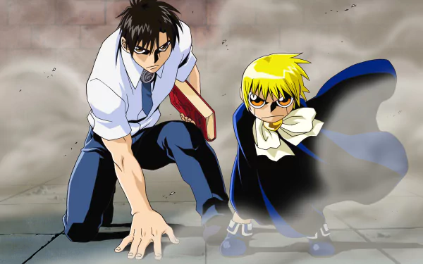 HD desktop wallpaper featuring characters from the anime Zatch Bell!, showcasing a dynamic scene with two protagonists in action against a smoky backdrop.