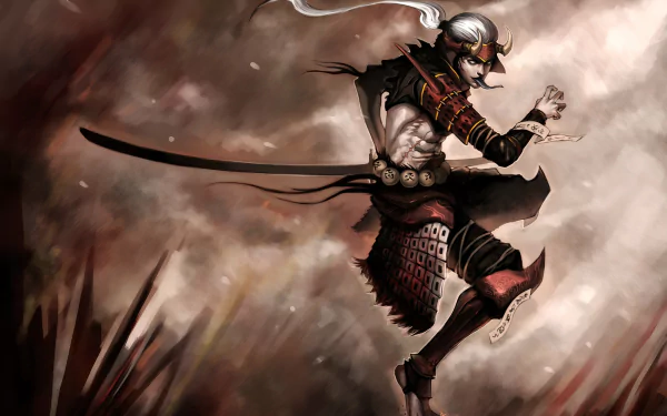 HD anime samurai wallpaper depicting a fierce warrior mid-leap, wielding a katana, set against a dramatic, smoky battlefield background.