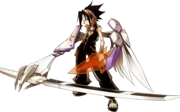 Anime-inspired HD wallpaper featuring a character from Shaman King, wielding a unique sword and striking a dynamic pose, set against a vibrant background.