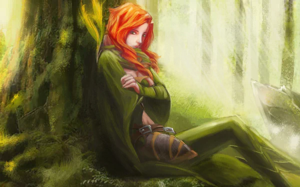 A captivating HD wallpaper featuring a character from DotA 2, resting against a tree in a serene forest setting, showcasing vibrant colors and detailed artistry.