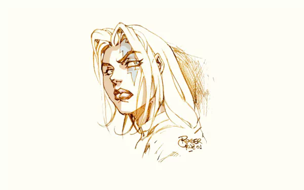 Comic-style sketch of the 10th Muse: confident long-haired woman with star cheek mark in sepia lines on cream field — HD PC desktop wallpaper background.