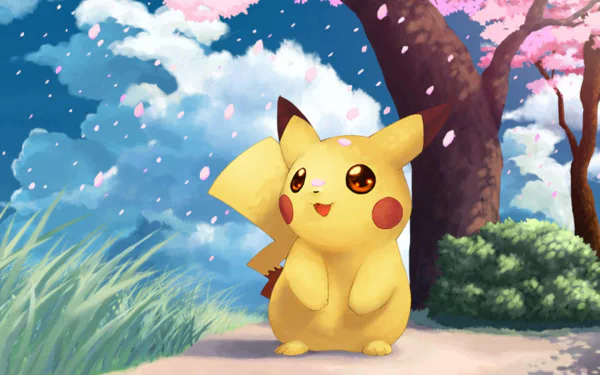HD desktop wallpaper featuring Pikachu from Pokémon, set against a backdrop of cherry blossoms and a blue sky.