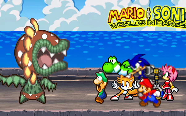 HD wallpaper featuring Mario, Luigi, Yoshi, Sonic the Hedgehog, and others facing Petey Piranha in a crossover titled Mario & Sonic: Worlds in Danger.