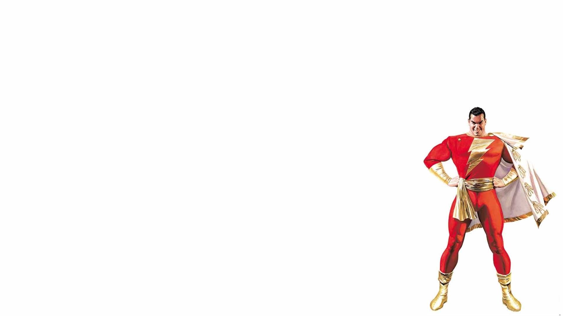 HD desktop wallpaper featuring Shazam (Billy Batson) from DC Comics, wearing his classic red and gold costume, standing confidently with hands on hips against a white background.