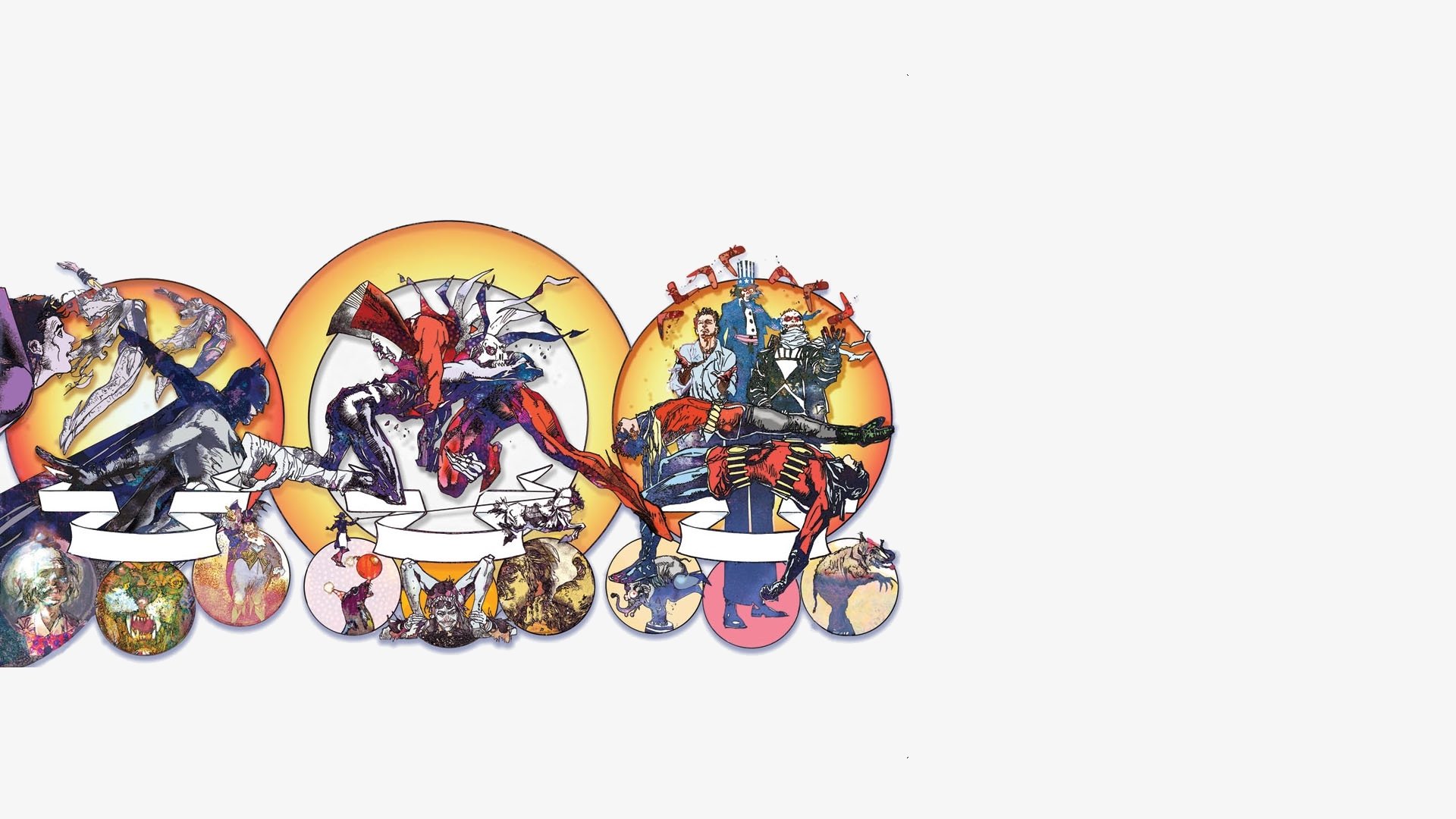 HD PC desktop wallpaper: Blackest Night comic collage featuring Deadman (DC Comics) in circular panels with other heroes and villains against a white background.