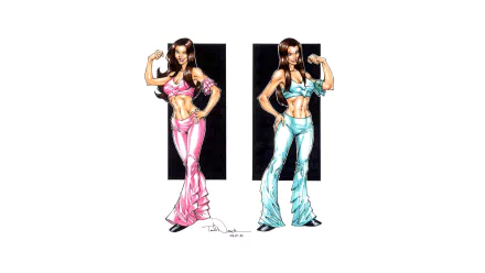 HD desktop wallpaper featuring illustrated Brie Bella and Nikki Bella, The Bella Twins, striking confident poses in wrestling-inspired outfits.