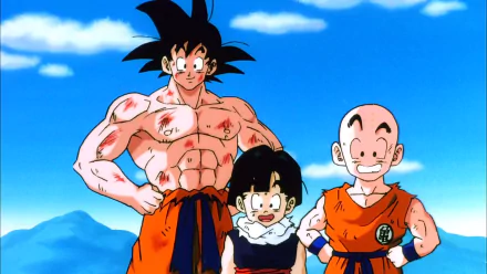 HD wallpaper featuring Goku, Gohan, and Krillin from Dragon Ball Z against a blue sky background.