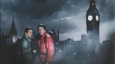 HD PC desktop wallpaper: movie scene from An American Werewolf in London (1981) showing two men in winter jackets standing in foggy London with Big Ben looming under a stormy night sky.