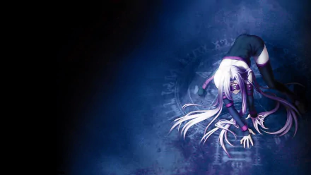 HD anime wallpaper featuring Rider from Fate/stay night with long white hair and a mask, set against a dark, mystical background.