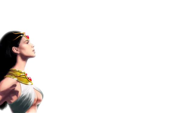 Comic-style HD PC desktop wallpaper/background of Isis (deity): left-profile portrait wearing a jeweled crown and ornate collar on a clean white background.