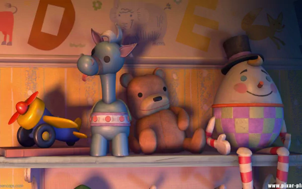 HD desktop wallpaper featuring toys from the movie Monsters, Inc., including a colorful horse, bear, and whimsical egg figure against a playful background.