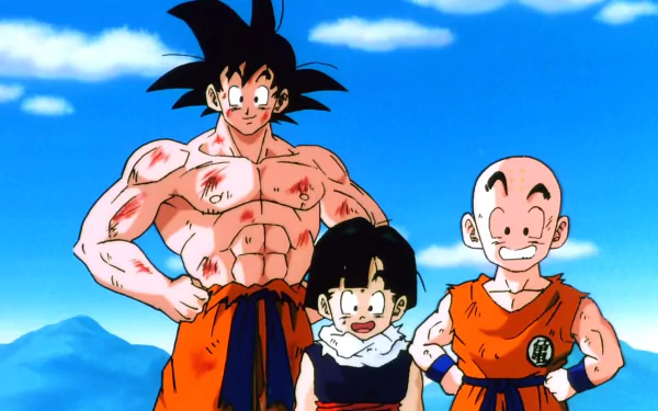HD wallpaper featuring Goku, Gohan, and Krillin from Dragon Ball Z against a blue sky background.