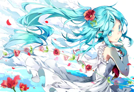 HD desktop wallpaper featuring Hatsune Miku in a dynamic pose with flowing turquoise hair and white dress, surrounded by vibrant flowers, inspired by the video game Jubeat.