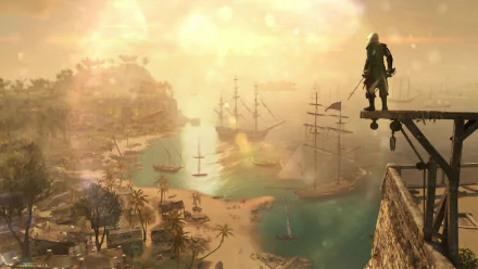 A stunning HD desktop wallpaper from Assassin's Creed IV: Black Flag, featuring a character overlooking a tropical bay with anchored ships at sunset.