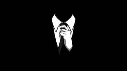 HD desktop wallpaper featuring an anonymous figure in a suit with a hidden face on a black background.