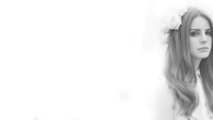 HD PC desktop wallpaper featuring a close-up of Lana Del Rey with long hair and white flowers, set against a minimalist white background.