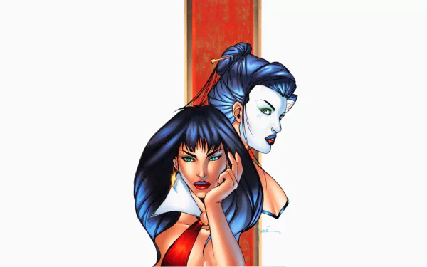 HD PC desktop wallpaper featuring comic character Vampirella with striking blue and black-haired figures against a bold red vertical stripe background.