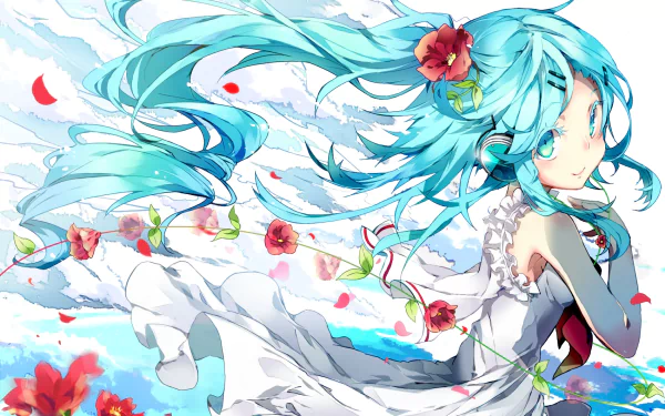 HD desktop wallpaper featuring Hatsune Miku in a dynamic pose with flowing turquoise hair and white dress, surrounded by vibrant flowers, inspired by the video game Jubeat.