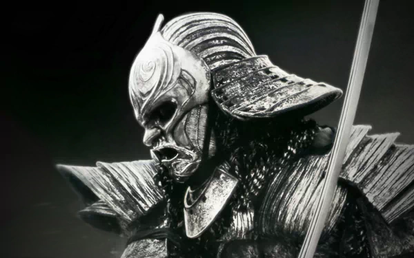 HD desktop wallpaper depicting a samurai from 47 Ronin in dramatic black and white, ready for battle with a sword.