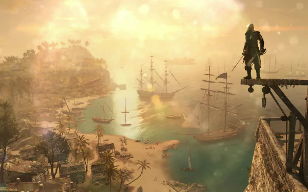A stunning HD desktop wallpaper from Assassin's Creed IV: Black Flag, featuring a character overlooking a tropical bay with anchored ships at sunset.