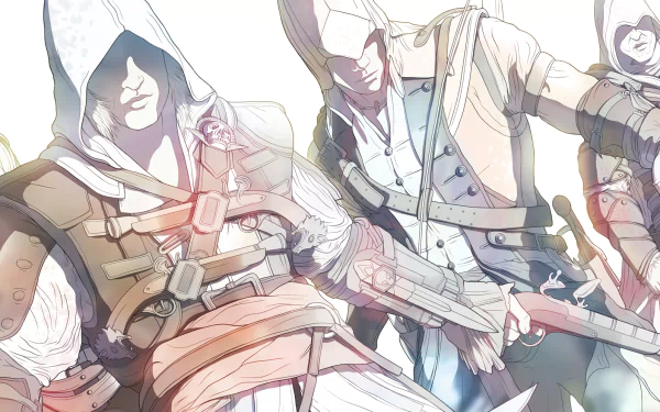 An artistic HD wallpaper featuring Edward Kenway and Connor from Assassin's Creed, showcasing their dynamic poses and iconic clothing from the popular video game series.